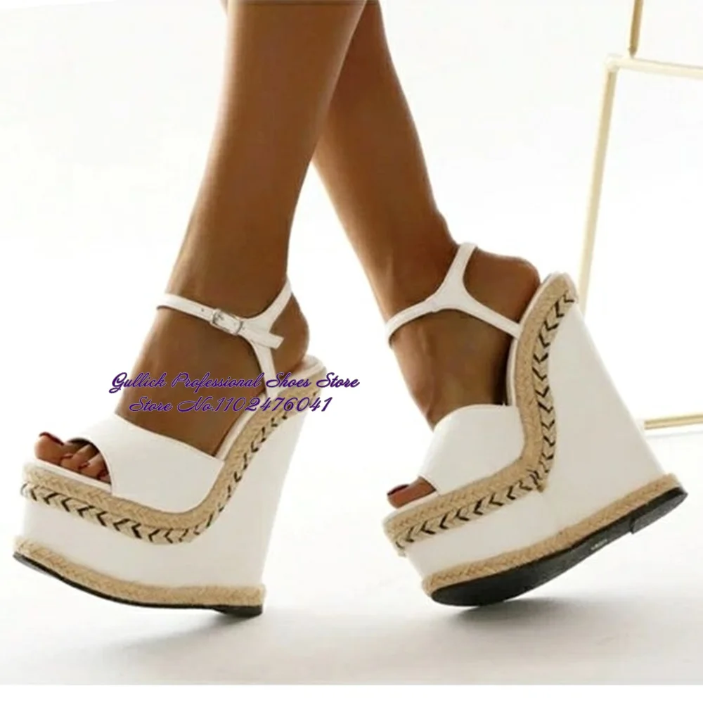 

Women White Matte Wedged Heel Espadrille Platform Sandals Ankle Buckle Strap Patchwork Dress Shoes Rope Braided Party Pumps