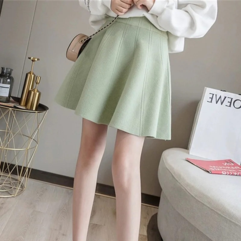 

Korean Elastic Waist Knitted Candy Twist A- line Preppy Style Swing Wool Skirt for Women