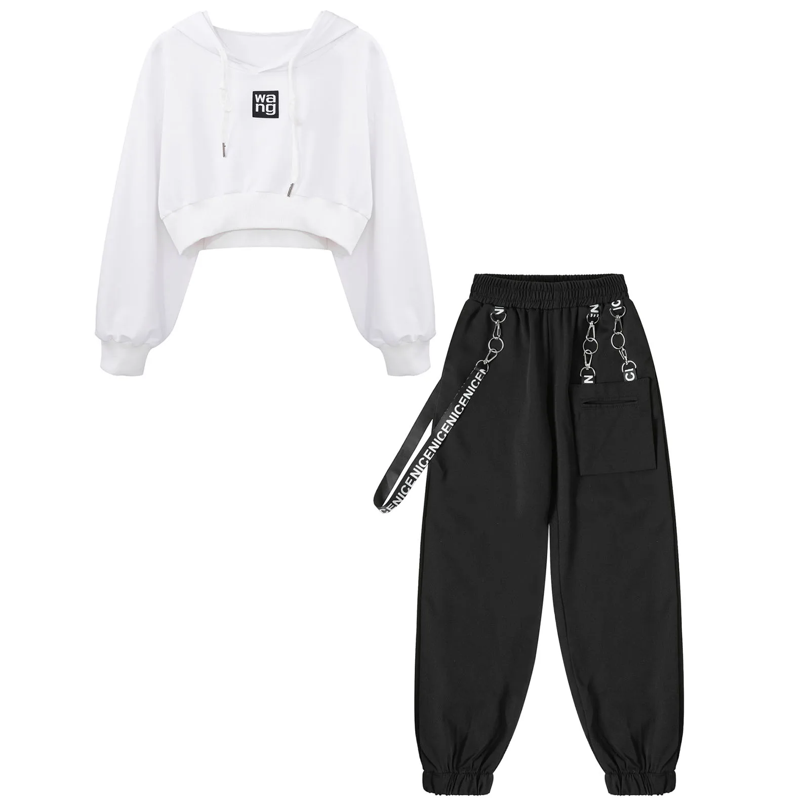 

Kids Girls Sport Suits Fashion Cropped Hoodie Drawstring Hooded Sweatshirt with Metal Chain Pocket Pants Hip-Hop Jazz Dance Wear