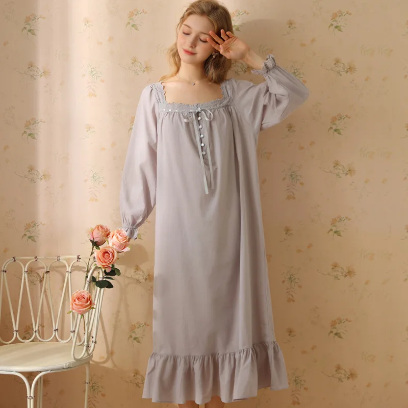 

Retro Pajamas for Women Nightgown Palace Style Lace Trim Long Sleeve Square Neck Nightdress Loungewear Woman Sleepwear Pijama