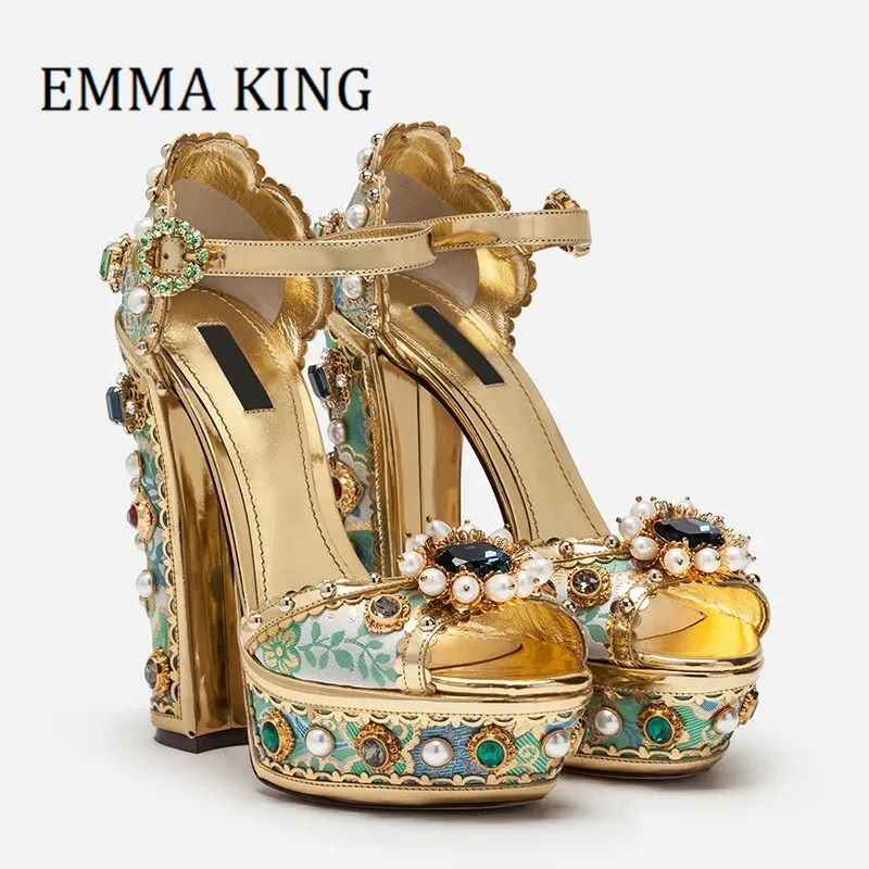 

Summer Women Gemstone Embellished Sandals Sexy Peep Toe Crystal Platform Sandals Golden Metallic Leather Chunky High Heel Shoes