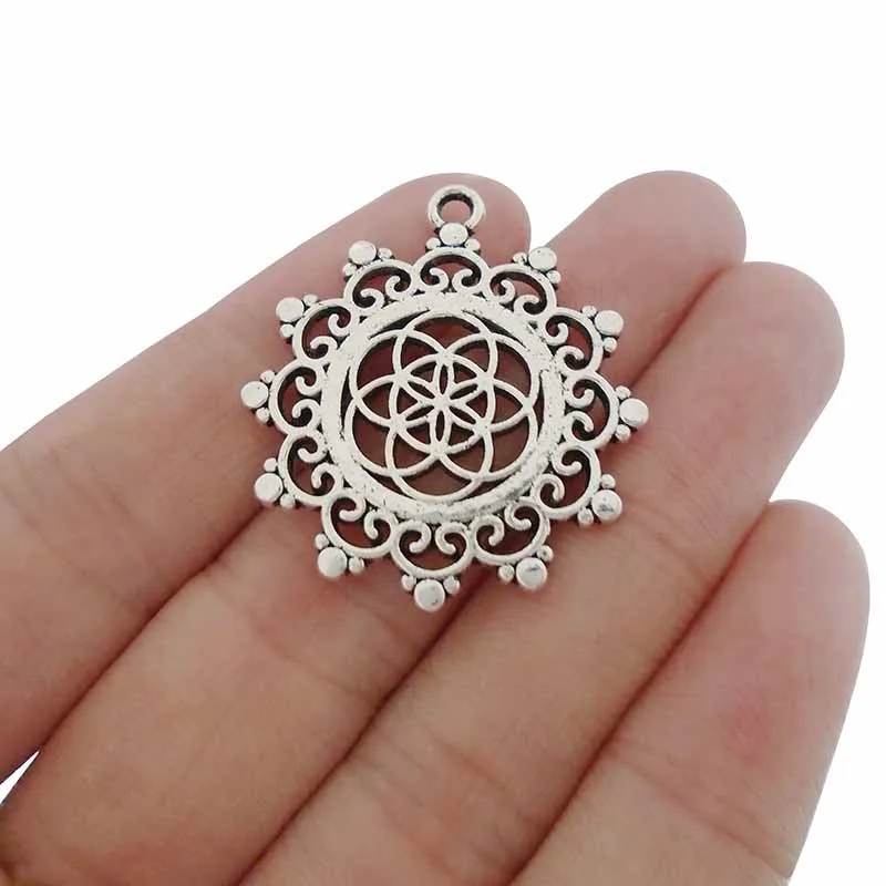 

10pcs Tibetan Silver Round Flower of Life Charms Pendants Beads for DIY Necklaces Jewelry Making Findings Accessories 34x30mm