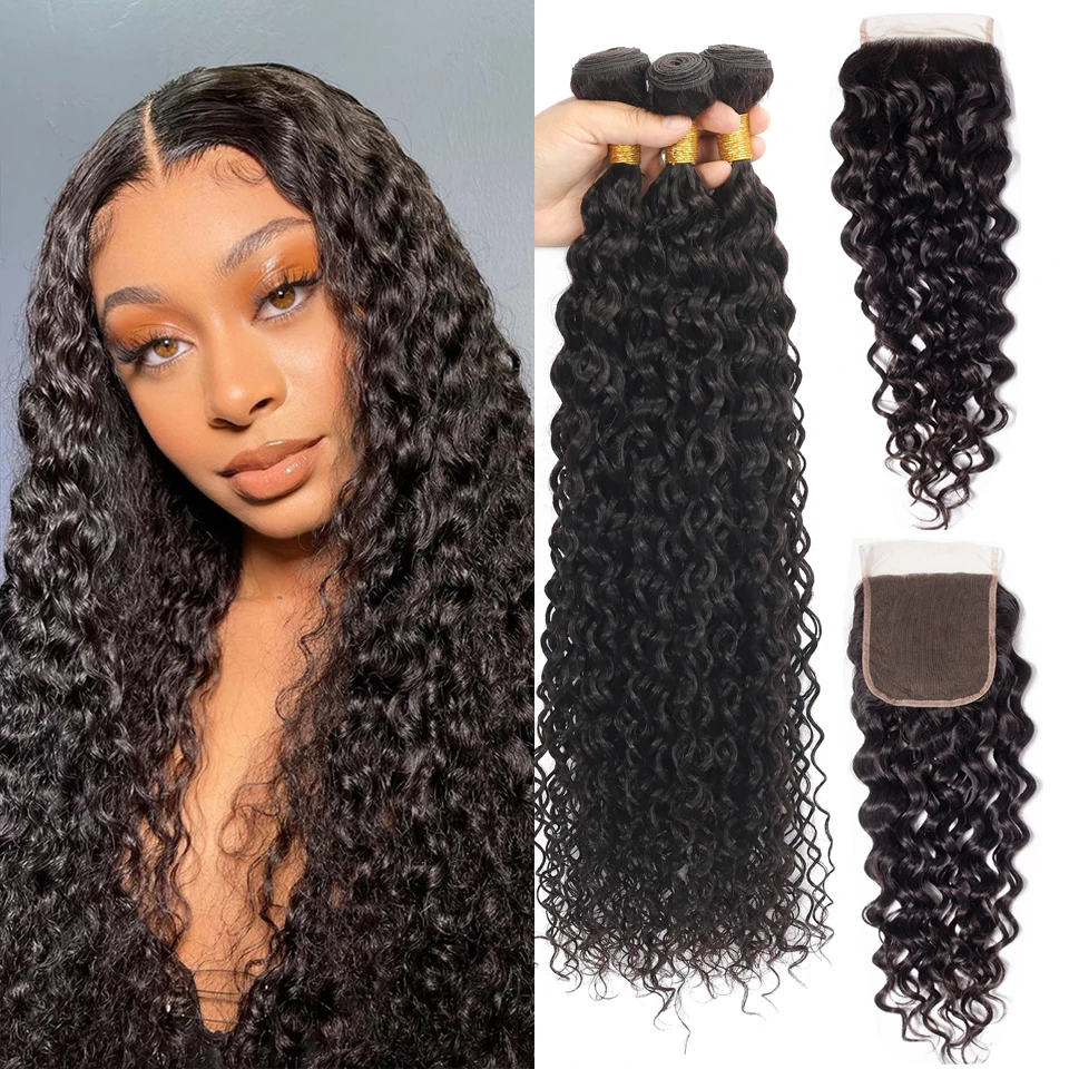 

10A Peruvian Human Hair Bundles With Frontal Water Wave Bundles With Frontal 13x4 Ear to Ear Lace Human Hair Weave Extensions