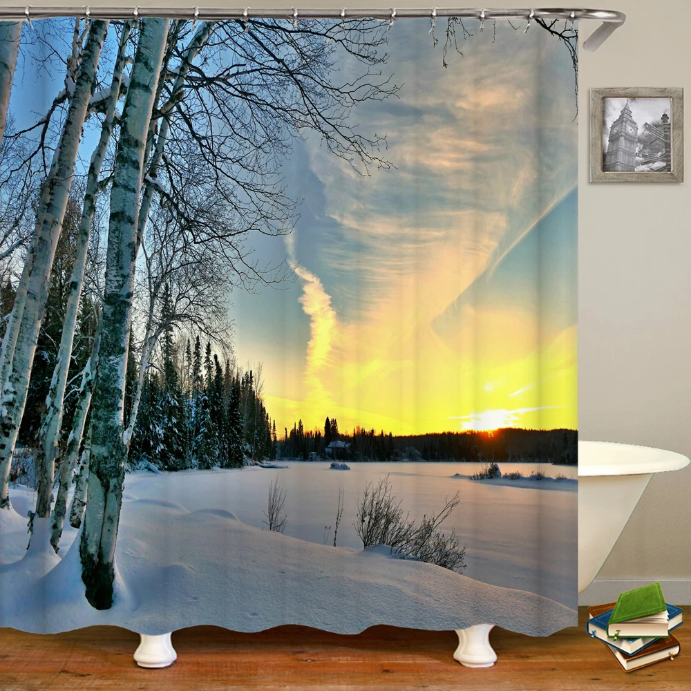 

Winter Snowflake Print Shower Curtain Snowy Sunset Forest Trees Nature Scene Waterproof with Hooks Bathroom Bath Curtains Decor