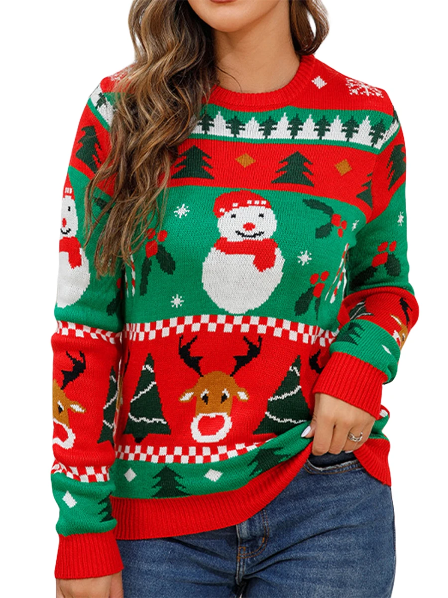 

Женский свитер в стиле ретро, жаккардовые пуловеры контрастных цветов с рисунком снеговика, оленя и длинным рукавом, джемперы с круглым вырезом