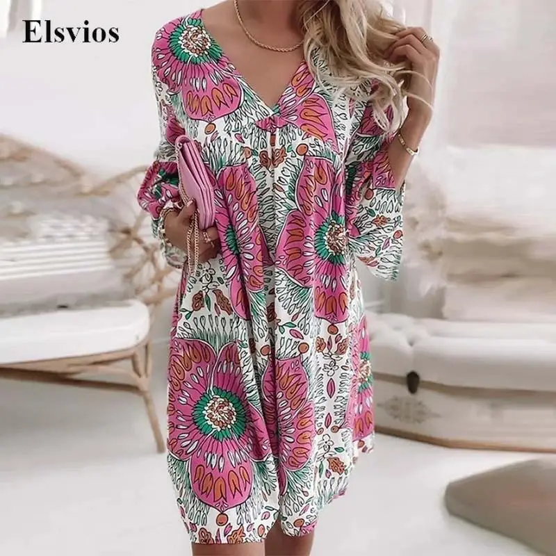 Women Sexy V-Neck Mini Dress Fashion Pink Flower Print Female Loose Pullover Dress Casual Elegant Flare Sleeve Boho Beach Dress
Women Sexy V-Neck Mini Dress Fashion Pink Flower Print Female Loose Pullover Dress Casual Elegant Flare Sleeve Boho Beach Dress