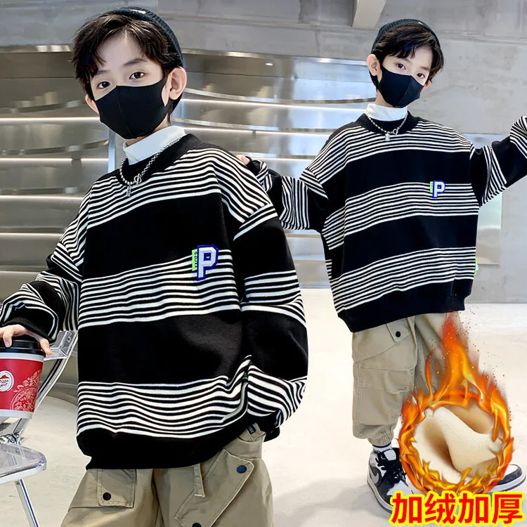 Boy's plush sweater new Korean children's autumn and winter thickened handsome middle and large children's boy's shirt 
Boy's plush sweater new Korean children's autumn and winter thickened handsome middle and large children's boy's shirt
