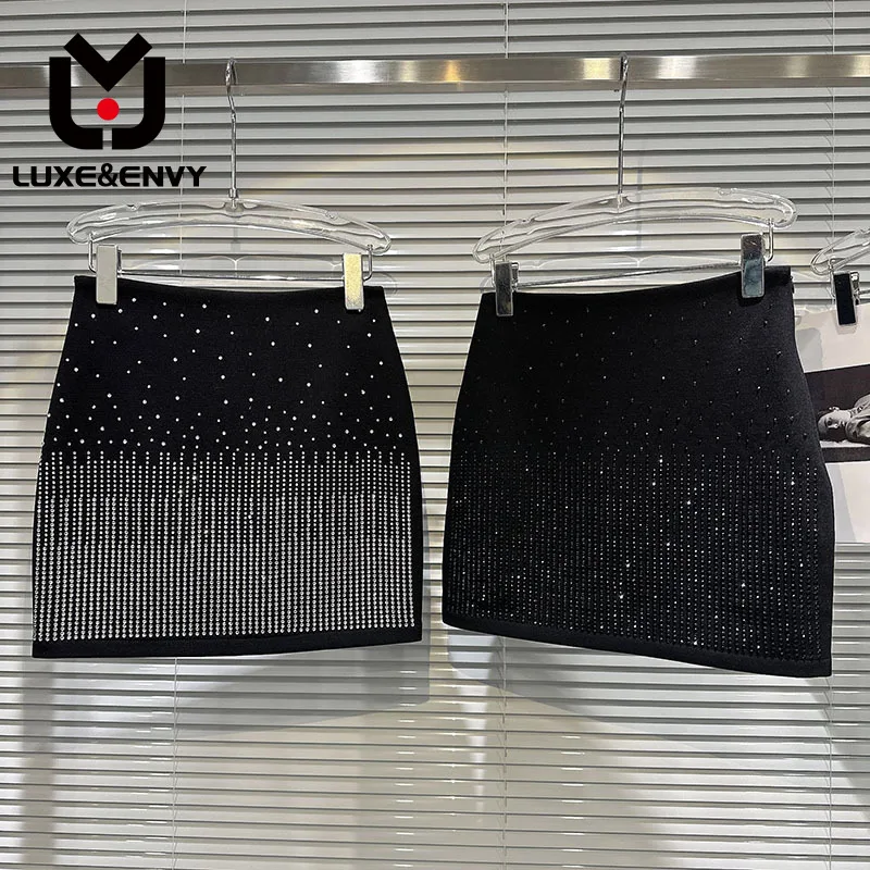 

LUXE&ENVY New Dark Celebrity Spicy Girl Gradual Hot Diamond Slim Fit Cotton Knitted Short Skirt Wrapped Hip Skirt 2023 Autumn