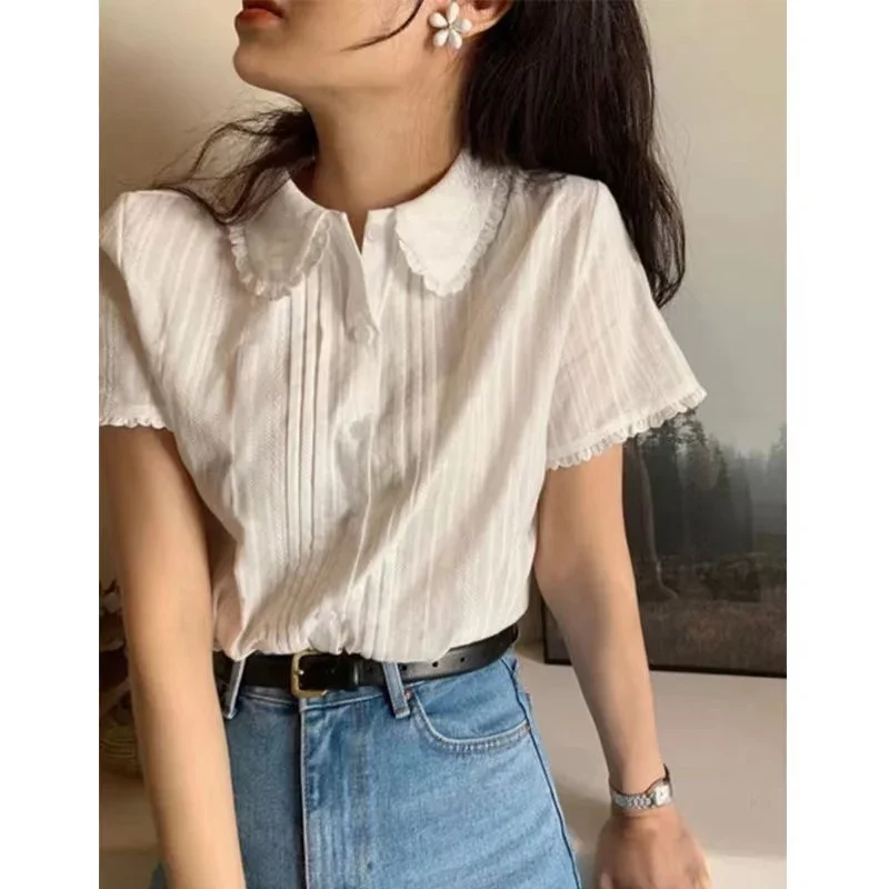Women Peter Pan Collar Lace White Shirts 2023 Blusas Mujer De Moda Short Sleeve Tops Sweet Summer Solid Y2K Thin Blouses
Women Peter Pan Collar Lace White Shirts 2023 Blusas Mujer De Moda Short Sleeve Tops Sweet Summer Solid Y2K Thin Blouses