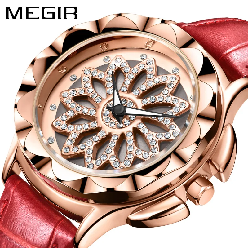 

Женские повседневные кварцевые часы MEGIR, водонепроницаемые наручные часы цвета розового золота с цветочным и алмазным циферблатом, 2059