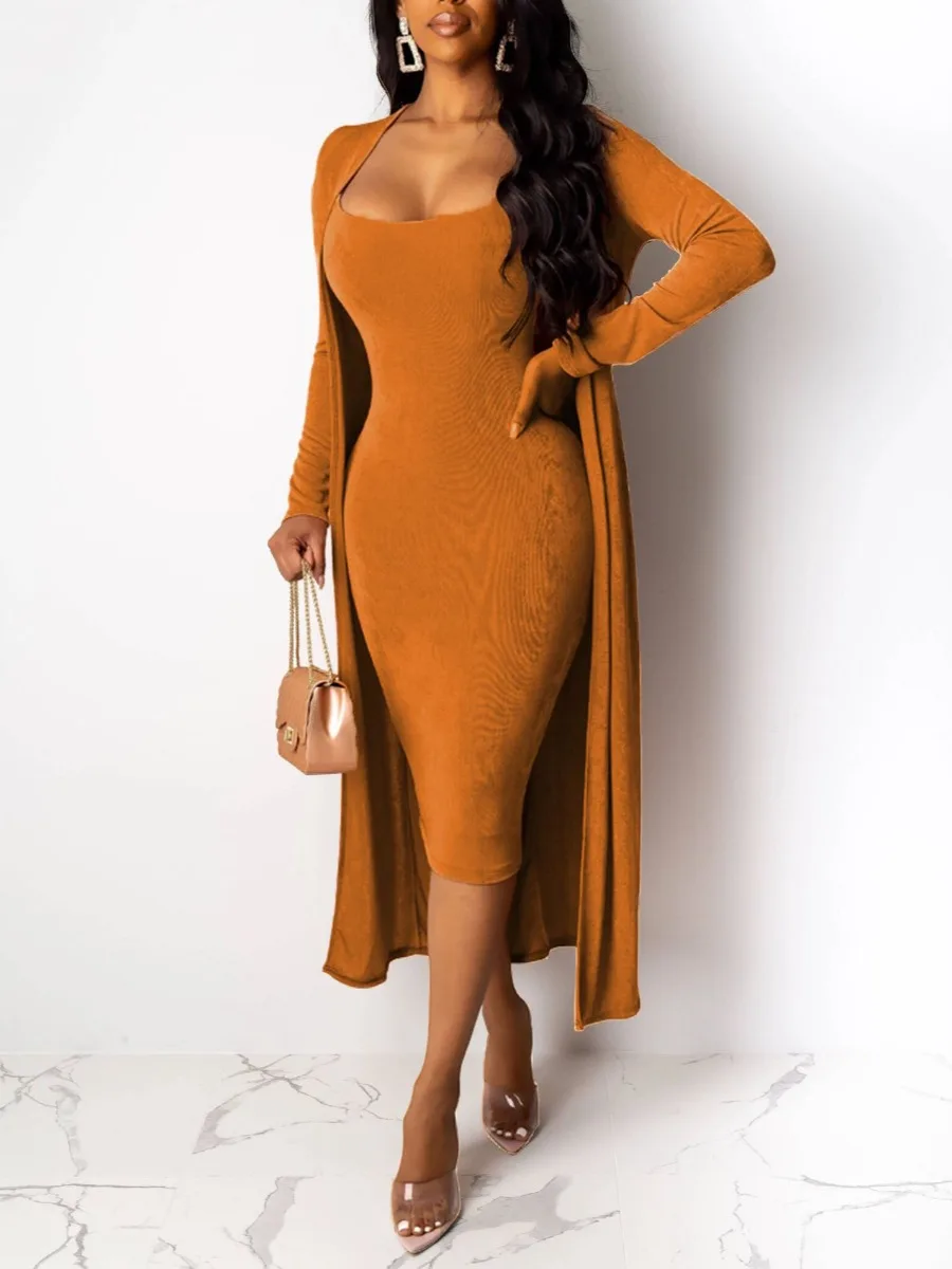 

LW Velvet Solid Color Casual Two-piece Dresses Suits Open Front Long Sleeve Cardigan&Spaghetti Strap Bodycon Dress Outfits