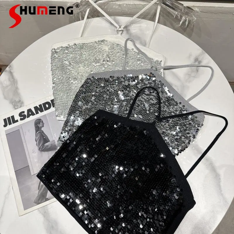 

2023 Spring Summer New Bottoming Vest Full Sequined Halter Navel-Exposed Sexy Socialite Camisole Women's Outer Wear Crop Tops