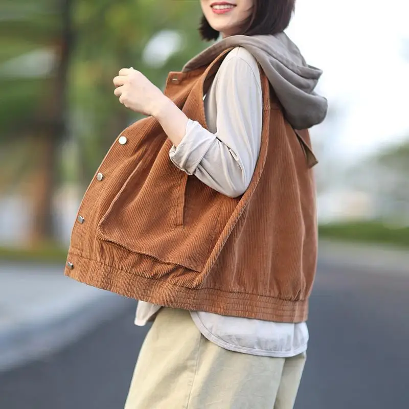 Spring Autumn Women's Corduroy Hooded Vest Sleeveless Tops Cardigan Korean Fashion Coat Retro Loose Big Pocket Women's Vest Coat
Spring Autumn Women's Corduroy Hooded Vest Sleeveless Tops Cardigan Korean Fashion Coat Retro Loose Big Pocket Women's Vest Coat