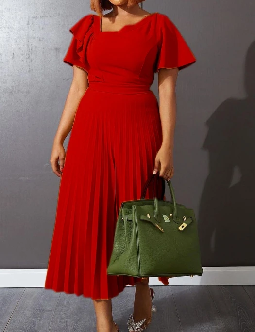 

Women Elegant Style Dress 2024 Spring/summer Latest Fashion Style Solid Color Flare Sleeves High Waist Hip Wrapped Pleated Skirt