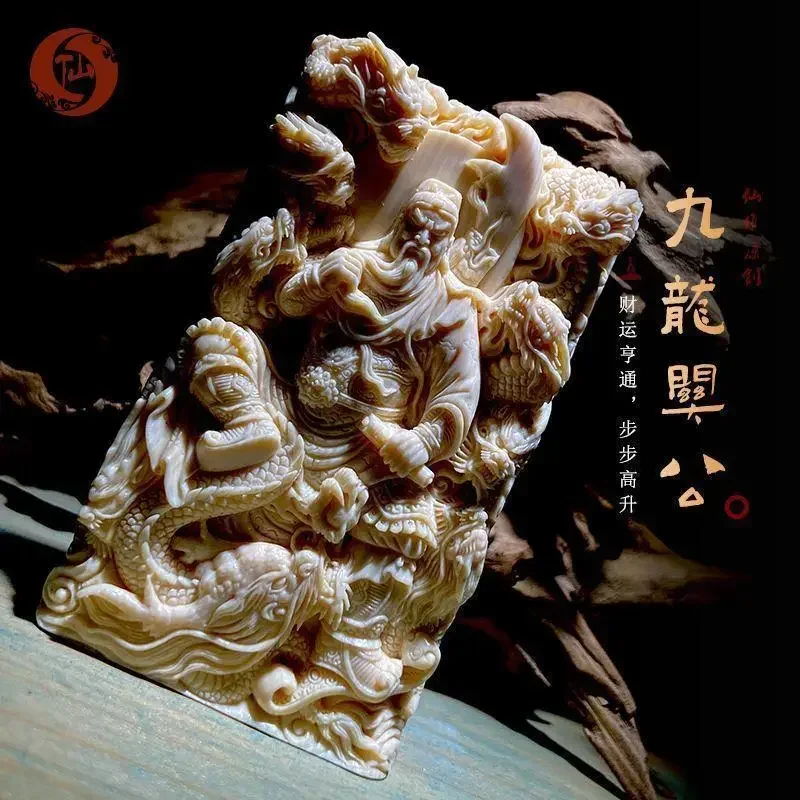 

Original Mammoth Ivory Handmade Nine LongLong Dragon God of Wealth Lord GuanYu Pendant Brand Lucky Ward Off Evil Men's Amulet