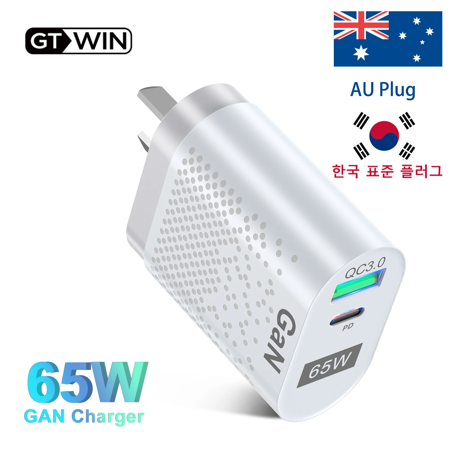 GTWIN GaN 65W KR/AU Plug Phone Charger Fast Charger PD Type C Quick Charge Universal Australia Korean Plug Phone Charger Adapter 
GTWIN GaN 65W KR/AU Plug Phone Charger Fast Charger PD Type C Quick Charge Universal Australia Korean Plug Phone Charger Adapter