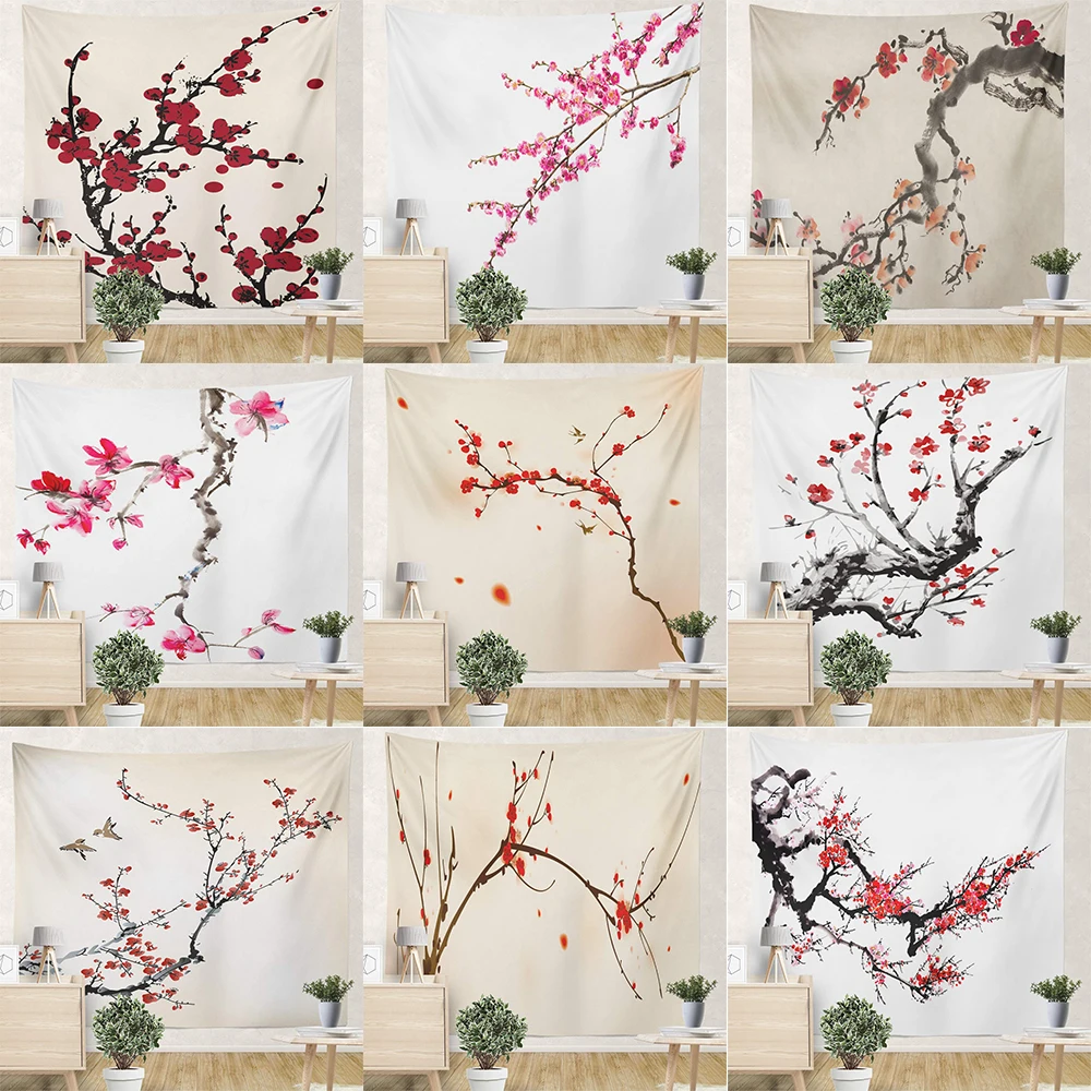 

Red Pink Peach Blossom Plum Print Pattern Tapestry Home Living Room Dormitory Wall Decor Background Cloth