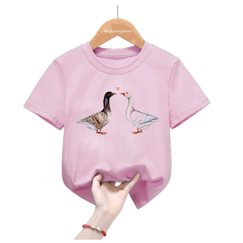 

Goose Love Print Pink T Shirt For Girls/Boys Kawaii Kids Clothes Cute Cat Birds Axolotl Tshirt Children'S Clothing T-Shirt Tops