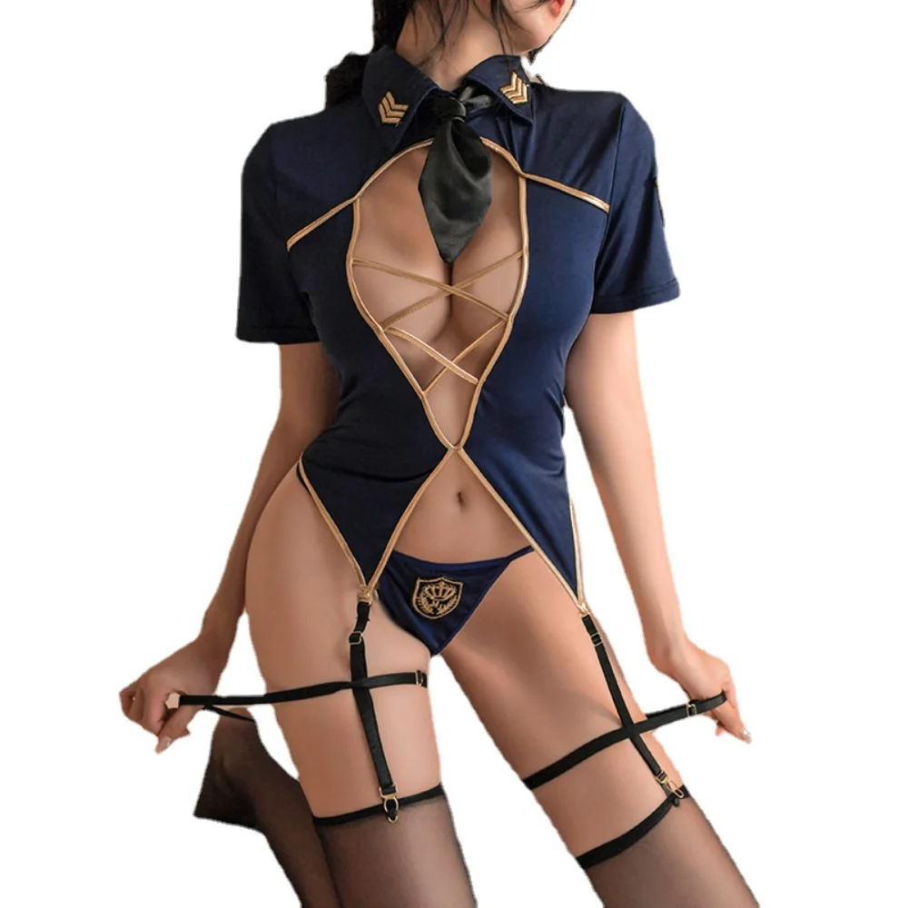 

Funny Lingerie Sexy Policewoman Cosplay Hollow Out Nightwear Passion Uniform Temptation Briefs Women's Garter Bodysuit New