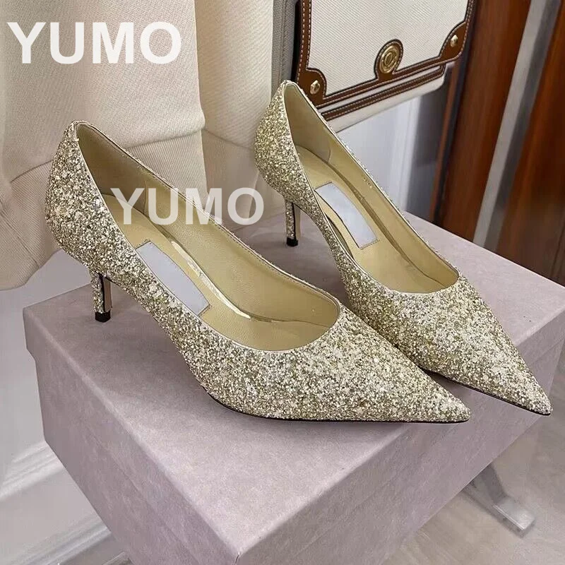 

2023 Designer Women Pointy Toe Pumps Fashion Sequined Clothes Pumps Thin High Heels Ladies Dress Party Wedding Sweet Shoes