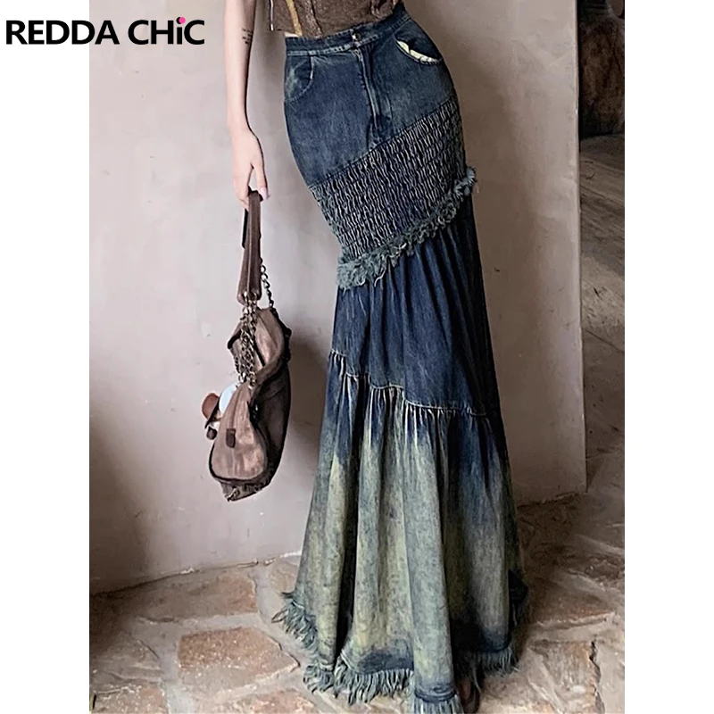 

ReddaChic Women Stitch Long Jeans Skirt Blue Distressed Frayed High Rise Denim Maxi Skirt 90s Vintage Y2k Maillard Style Clothes