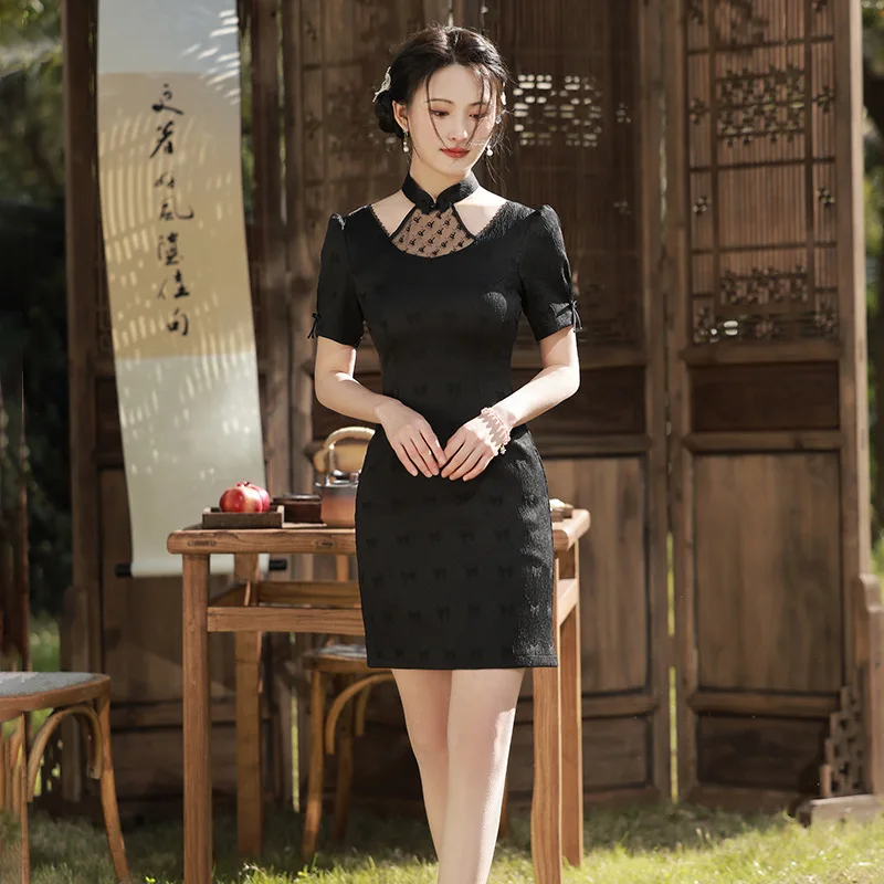 Summer Black Cheongsam Short Sleeve Dress Traditional Vintage Costumes Elegant Mini Qipao
Summer Black Cheongsam Short Sleeve Dress Traditional Vintage Costumes Elegant Mini Qipao