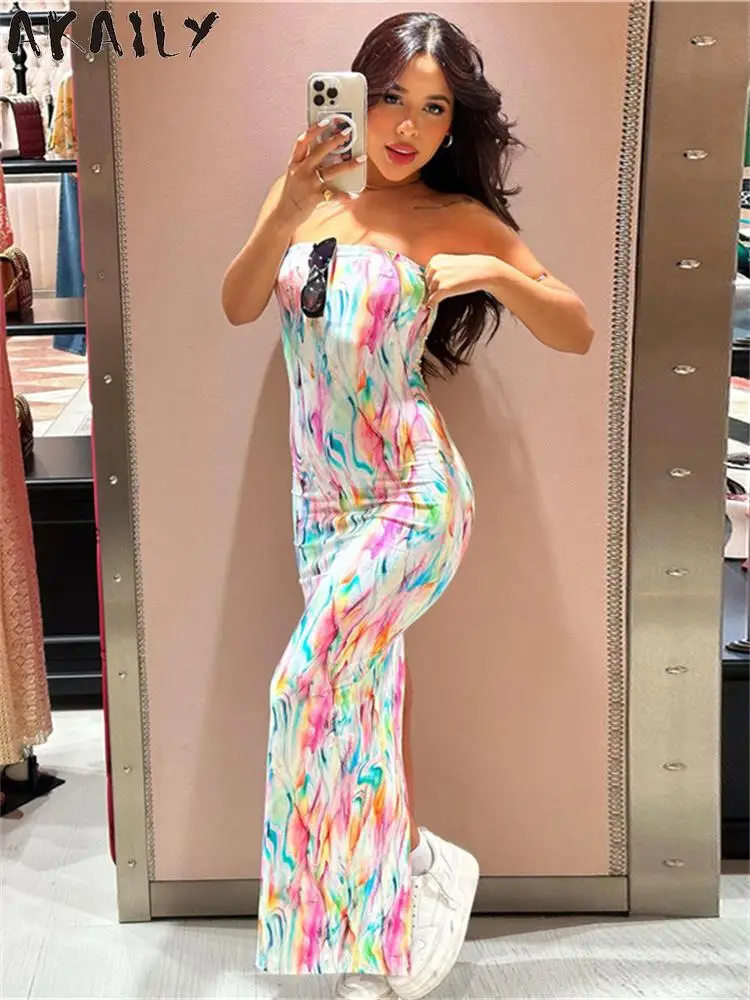 

Akaily Sexy Colours Print Strapless Split Long Dress Party Club Outfit For Women 2023 Autumn Sleeveless Bodycon Booty Maxi Dress