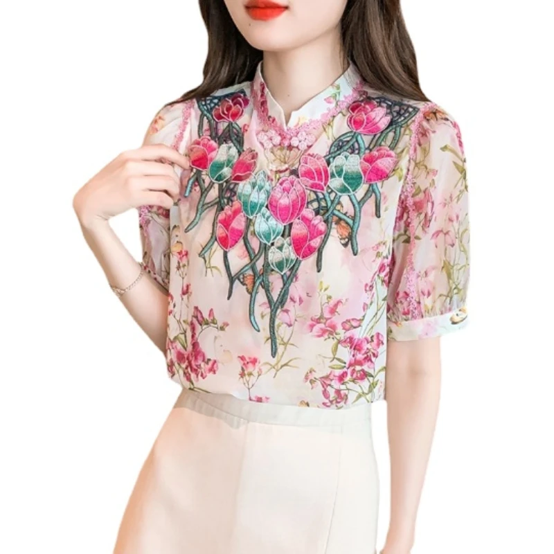

Floral Chiffon Blouse Women's Summer Top 2024 New Design Sense Niche Short-Sleeved Shirt High-End Blusas Mujer