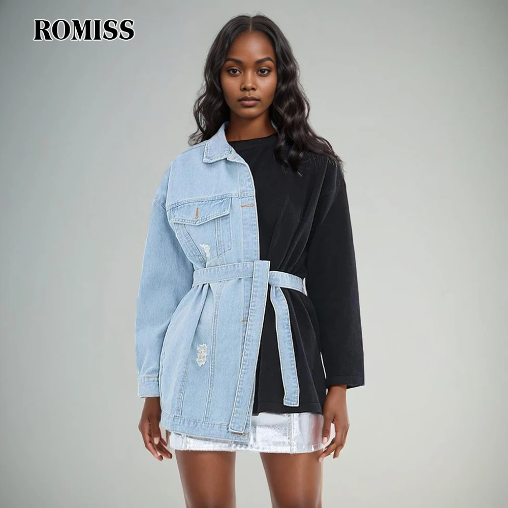 

ROMISS Colorblock Streetwear Spliced Denim Coat For Women Lapel Long Sleeve Patchwork Lace Up Designer Jackets Female New