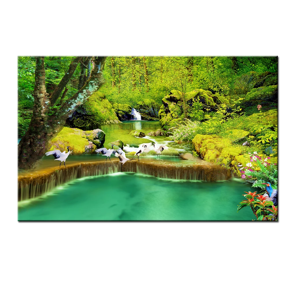 

Canvas Print Painting Green Nature Scenery Forest Waterfall Landscape Picture Wall Art Living Room Home Decor