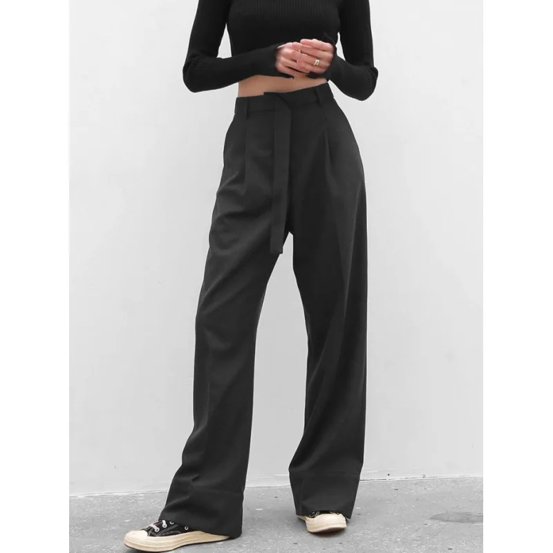 

2024 Spring All-Match Black Pleated Wide-Leg Pants Women's Draping Effect High Waist Casual Suit Pants Trousers Fengsb