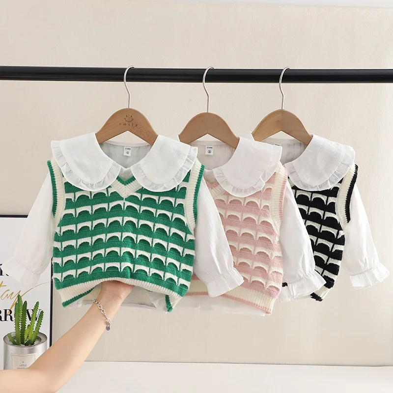 

Новинка 2023, Осенняя детская эксклюзивная одежда, комплекты из 2 предметов, вязаный свитер, рубашка, однотонная простая модная повседневная универсальная Корейская одежда