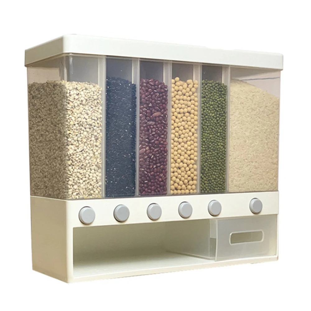 10KG Wall Mounted Divided Rice and Cereal Dispenser 6 Moisture Proof Plastic Automatic Racks Sealed Food Storage Box
10KG Wall Mounted Divided Rice and Cereal Dispenser 6 Moisture Proof Plastic Automatic Racks Sealed Food Storage Box