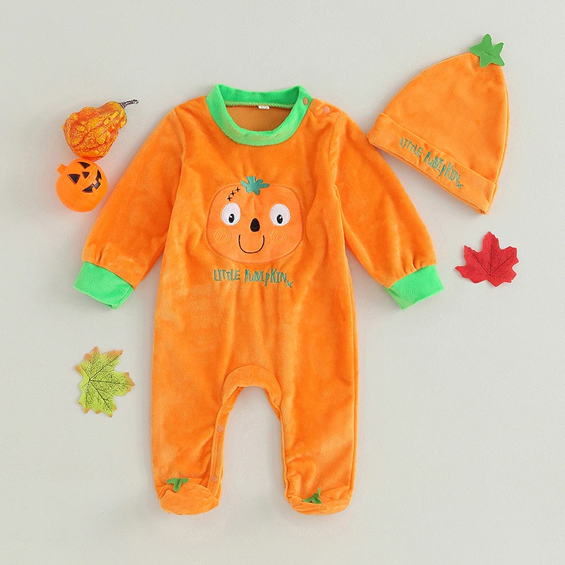 

2023-07-11 Lioraitiin 0-18M Infant Baby Boy Girl Halloween Outfit Long Sleeve Crew Neck Embroidery Pumpkin Letters Jumpsuit Hat