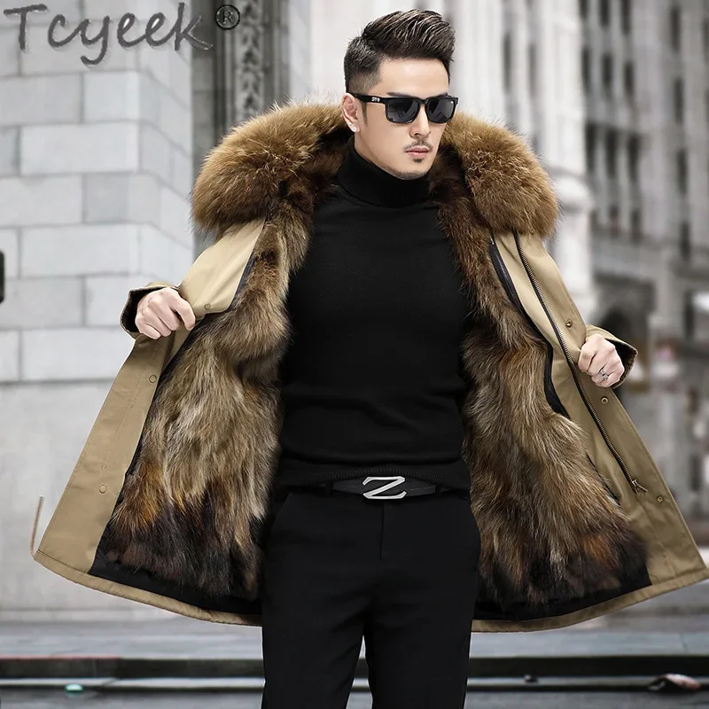 

Парка Tcyeek мужская с натуральным лисьим мехом, модная зимняя куртка, теплая одежда со съемной подкладкой и меховым воротником из енота и собаки