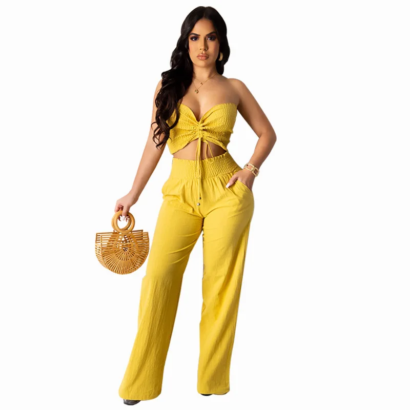 

Urban Fashion Sexy Slim 2-piece Women's Sleeveless Tube Top + Casual Pants Set 2023 Summer New Solid Color African Clothes XXL
