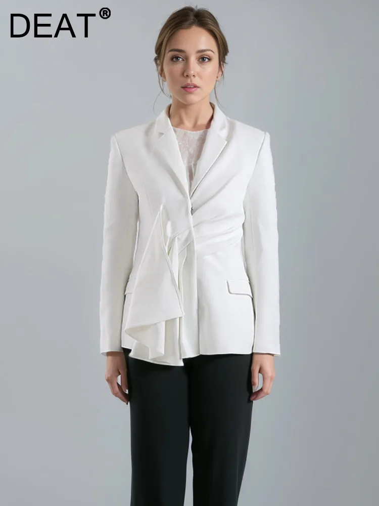 

Женский блейзер на талии DEAT, белый пиджак с отложным воротником и длинными рукавами, на пуговицах, лето 2024