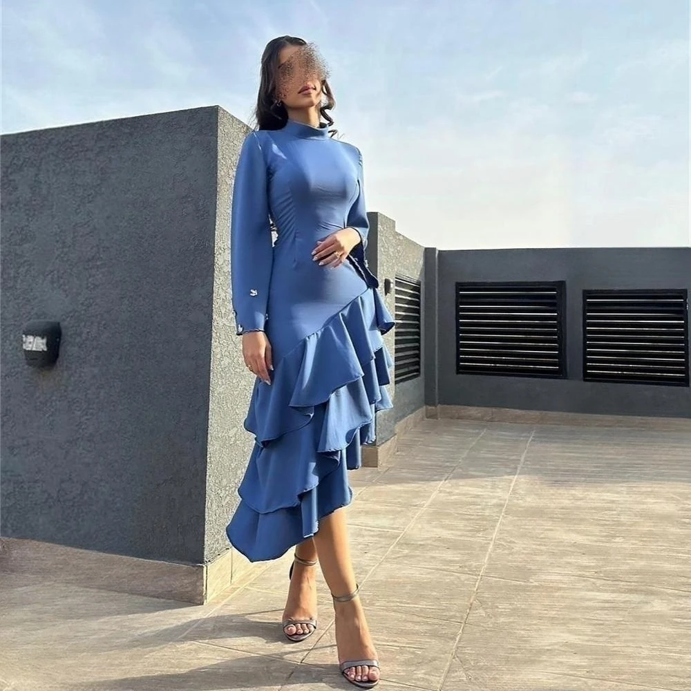 Prom Dresses Fashion High Collar Sheath Party Dress Tea Length Long Sleeve Beaded Ruched Satin Formal Evening Gowns 이브닝드레스
Prom Dresses Fashion High Collar Sheath Party Dress Tea Length Long Sleeve Beaded Ruched Satin Formal Evening Gowns 이브닝드레스