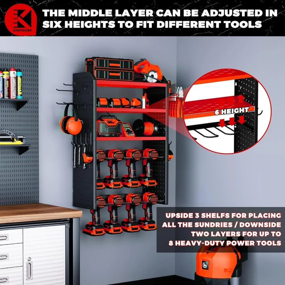 KAFAHOM Power Tool Organizer, Large 8 Drill Holder Wall Mount with 2 Side Pegboards,5 Layer Heavy Duty Metal Tool Storage Rack
KAFAHOM Power Tool Organizer, Large 8 Drill Holder Wall Mount with 2 Side Pegboards,5 Layer Heavy Duty Metal Tool Storage Rack