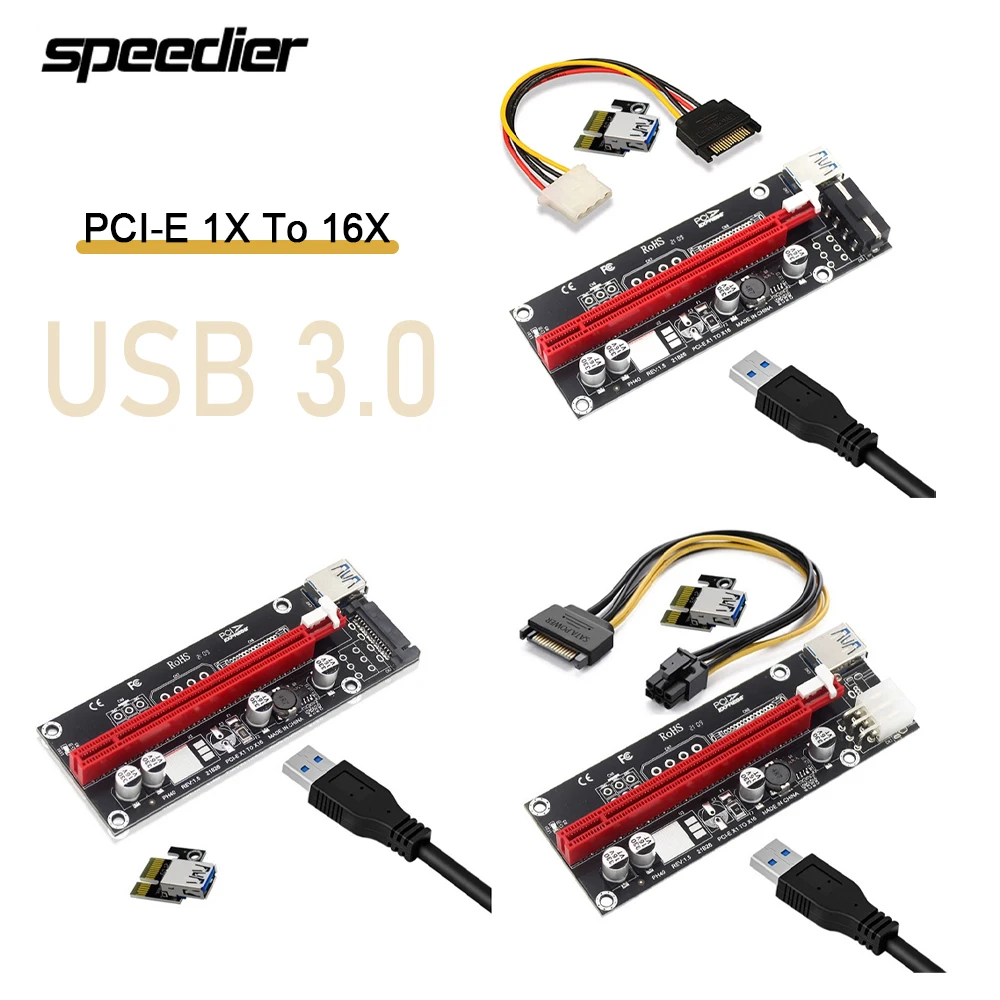 

PCI-E 1X To 16X Riser Card PCIe Extender Adapter SATA Large 4Pin Square 6Pin Power USB 3.0 Cable for Graphics Card Extension