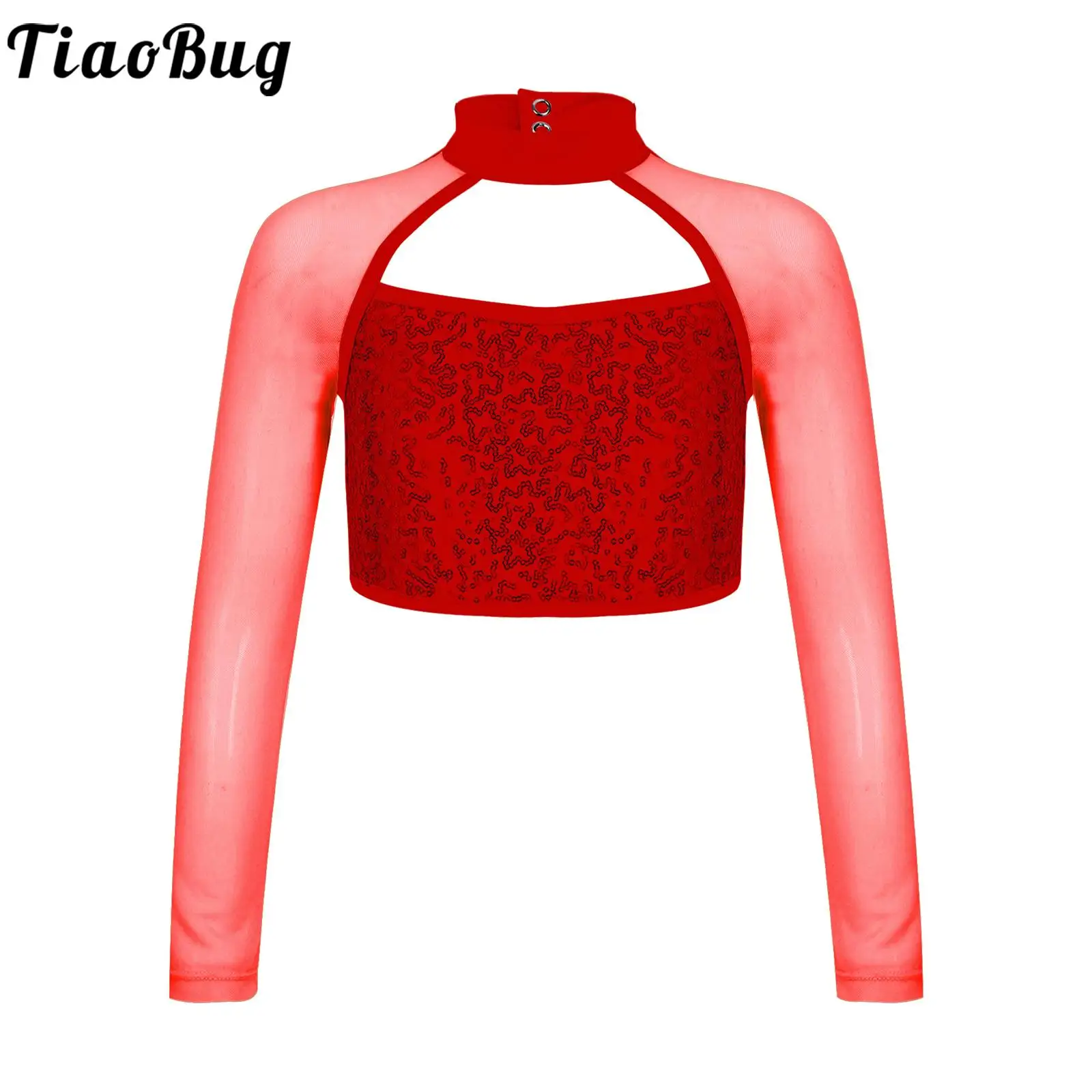 

Kids Girls Sequins Ballet Dance Crop Tops Long Sleeve Halter Neck Tank Tops for Modern Latin Jazz Dancing Performance Costume