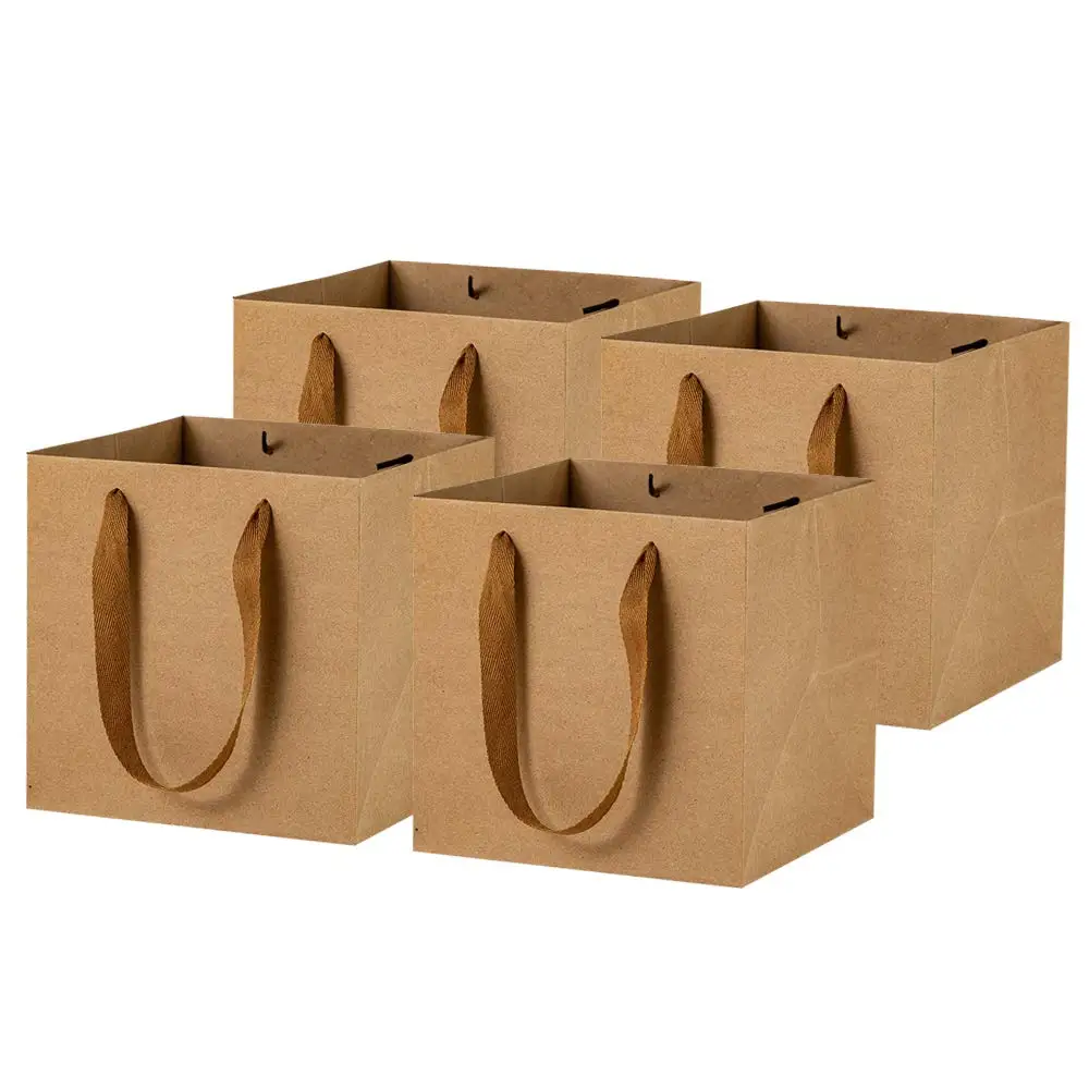 

Square Gift Bags With Ribbon Handles 10/20PCS Brown Kraft Paper Bags For Wedding Party Favors Retail Business Packaging Bags