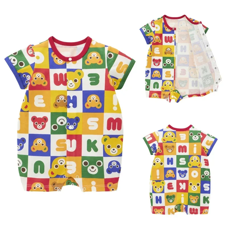 

Baby Crawler Suit 2024 Summer New Children's Cartoon Colorful Bear Letters Full Print Onesie Ha Yi