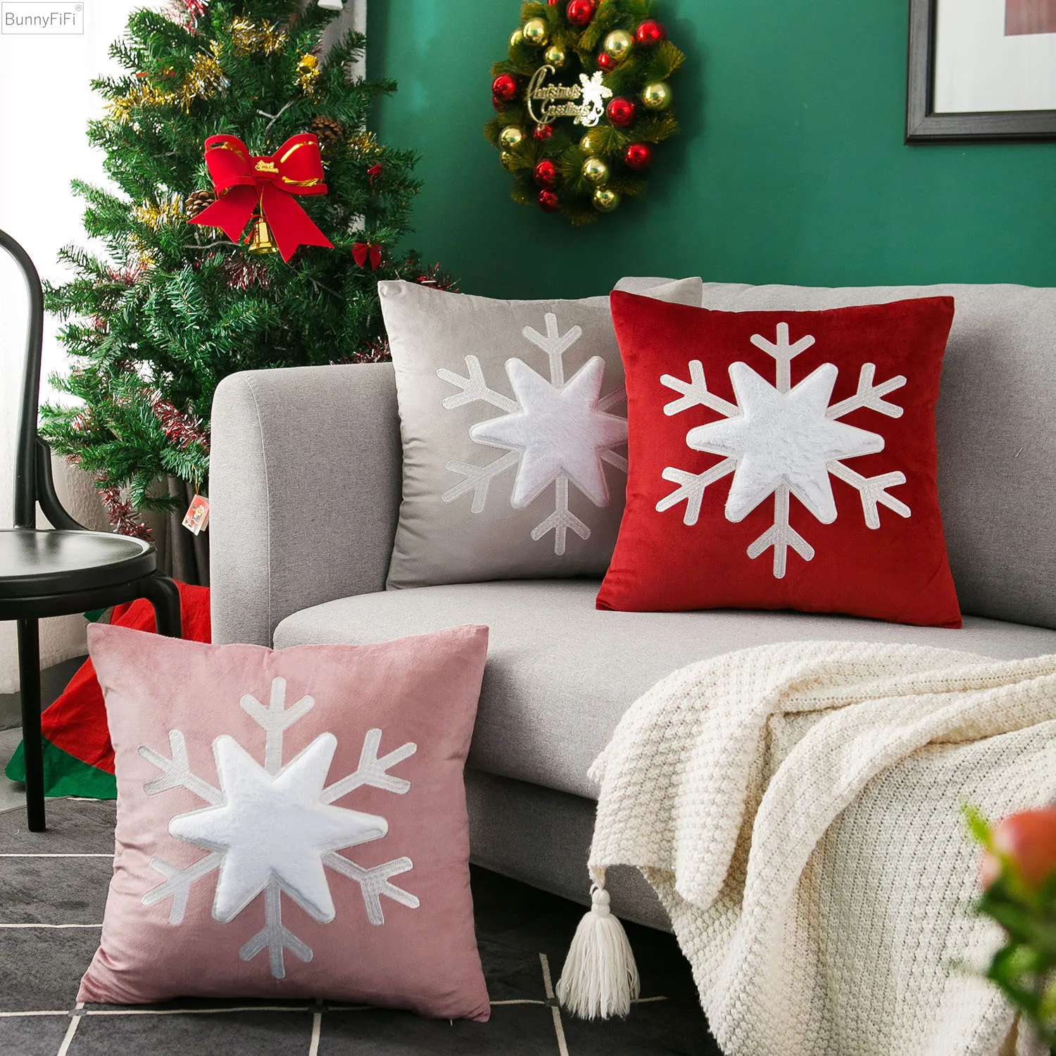 

decoration velvet pillowcase Christmas farmhouse home decor Patch embroidered cushion cover 45x45cm snowflake sofa pillow cover