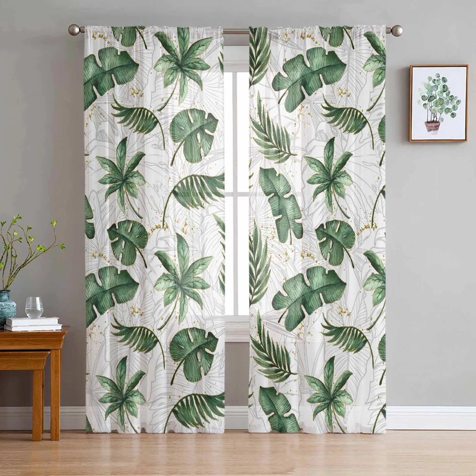 

Watercolor Tropical Plant Turtle Back Palm Leaves Sheer Curtains for Bedroom Living Room Voile Window Curtains Tulle Drapes