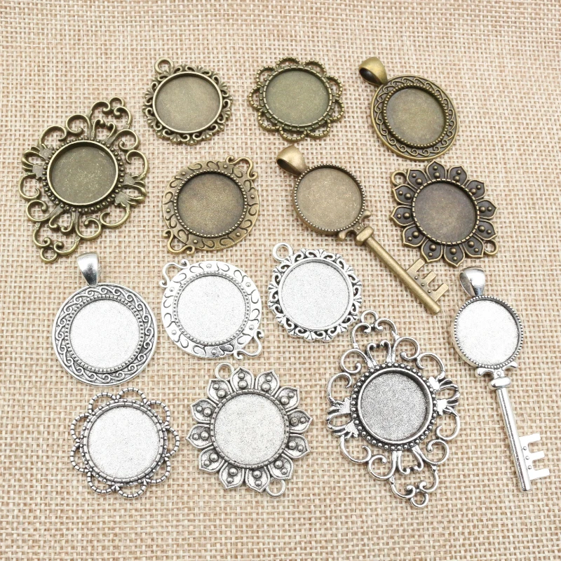 

10pcs 14mm 16mm 18mm Inner Size Antique Bronze Silver Plated Texture Connection Style Cabochon Base Cameo Setting Charms Pendant