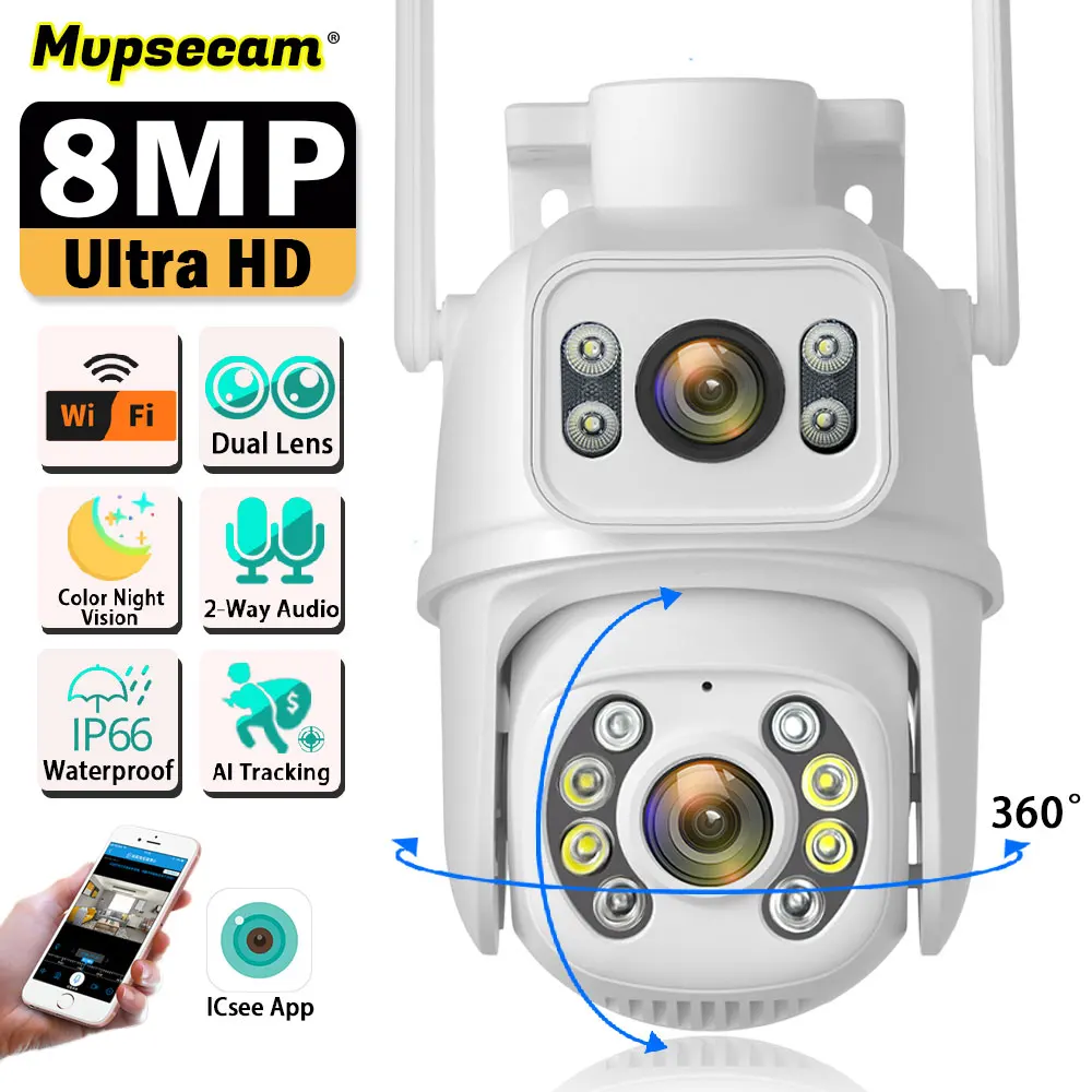 

8MP 4K Dual Lens WIFI Surveillance Camera Dual Lens Remote Access Color Night Vision PTZ HD Security CCTV Surveillance Camera