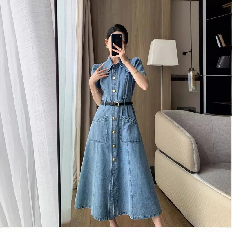 

Blue Vintage Denim Dress Women 2024 Spring Summer New Fashion Button Midi Jean Shirt Dresses A- Line Long Vestidos Para Mujer