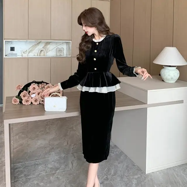 2023 Autumn Winter Women New Fake Two Piece Slim Dress Female Gold Velvet Long Vestidos Ladies Stitching Straight Dresses Q600
2023 Autumn Winter Women New Fake Two Piece Slim Dress Female Gold Velvet Long Vestidos Ladies Stitching Straight Dresses Q600