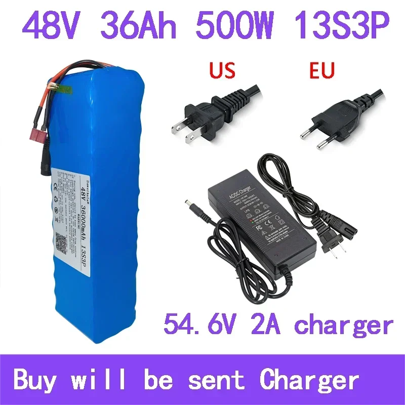 48V 36000mAh 500w 13S3P T plug 18650 Lithium ion Battery Pack 36Ah For 54.6v E-bike Electric bicycle Scooter with BMS+2A Charger
48V 36000mAh 500w 13S3P T plug 18650 Lithium ion Battery Pack 36Ah For 54.6v E-bike Electric bicycle Scooter with BMS+2A Charger